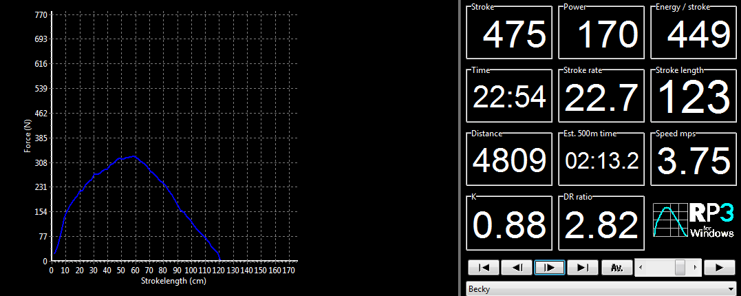 Rowperfect software session data including force curve
